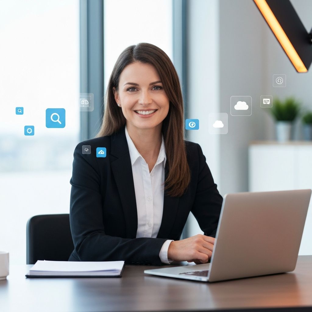 Professionele vrouw werkt met Microsoft 365 op laptop